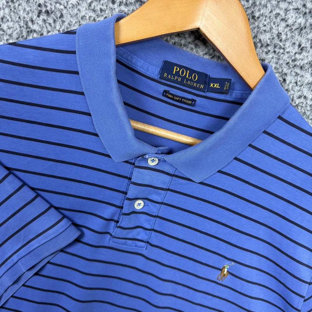 Polo Ralph Lauren Shirt Mens 2XL Blue Stripe Pima Soft Touch Polo Flesh Pony